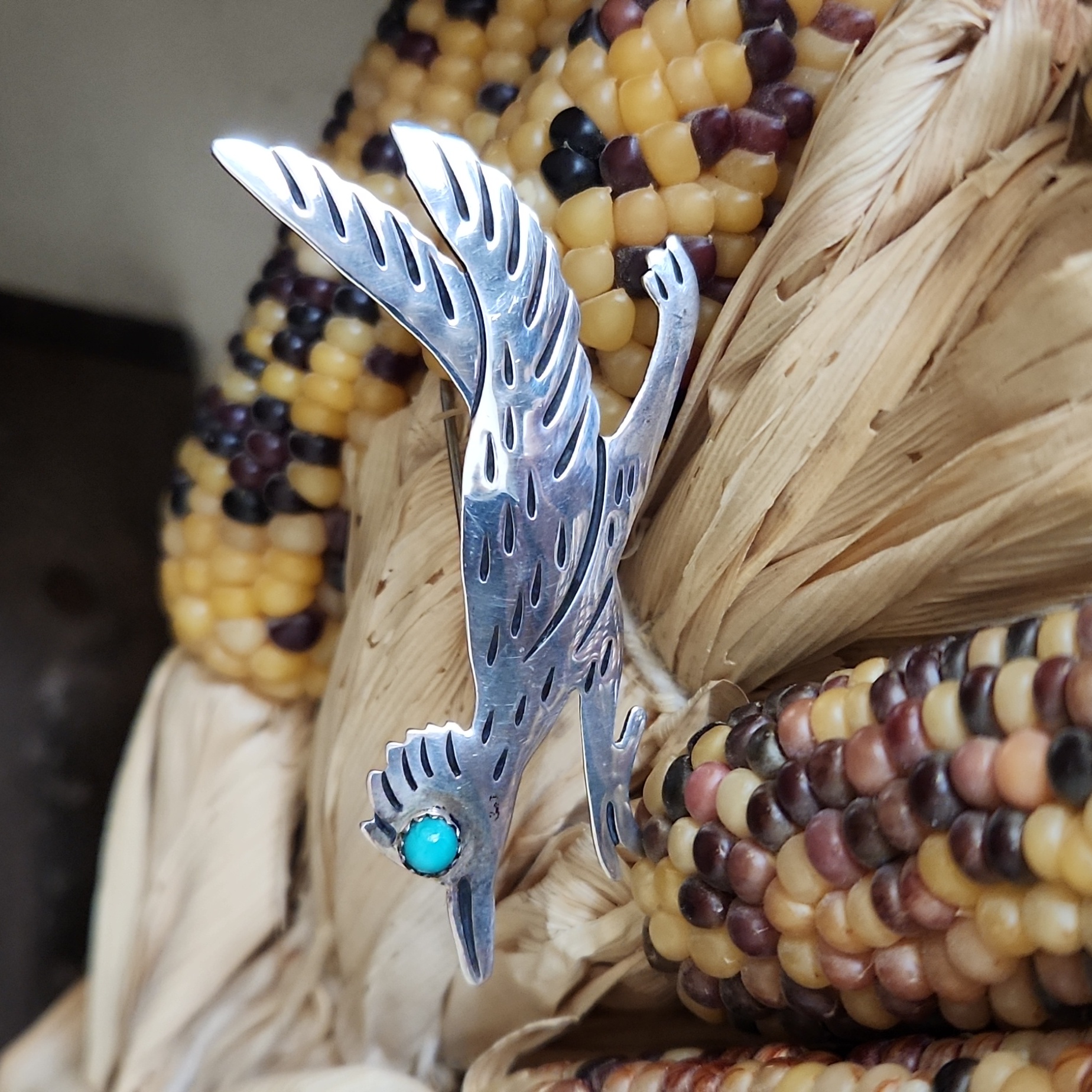 Adorable Native American Navajo Vintage Road Runner Turquoise Pin 145$